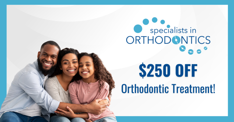 Graphic promoting $250 off orthodontic treatment at Specialists in Orthodontics